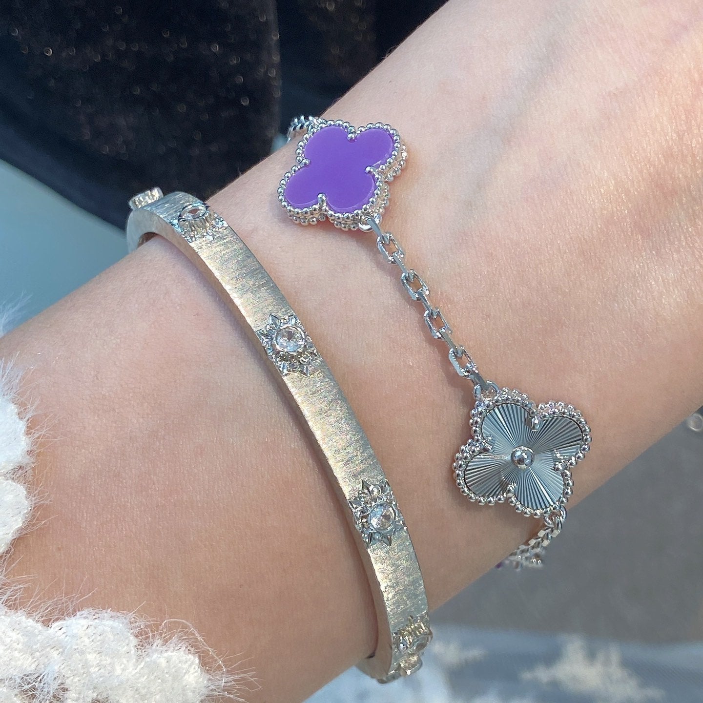 [Vicky]CLOVER  5 MOTIFS  PURPLE VIOLET BRACELET SILVER