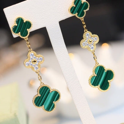 [Vicky]CLOVER EARRINGS GOLD MALACHITE DIAMOND 3 MOTIF