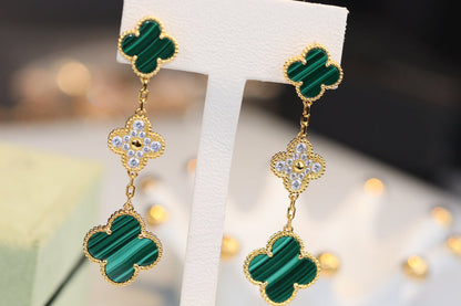 [Vicky]CLOVER EARRINGS GOLD MALACHITE DIAMOND 3 MOTIF