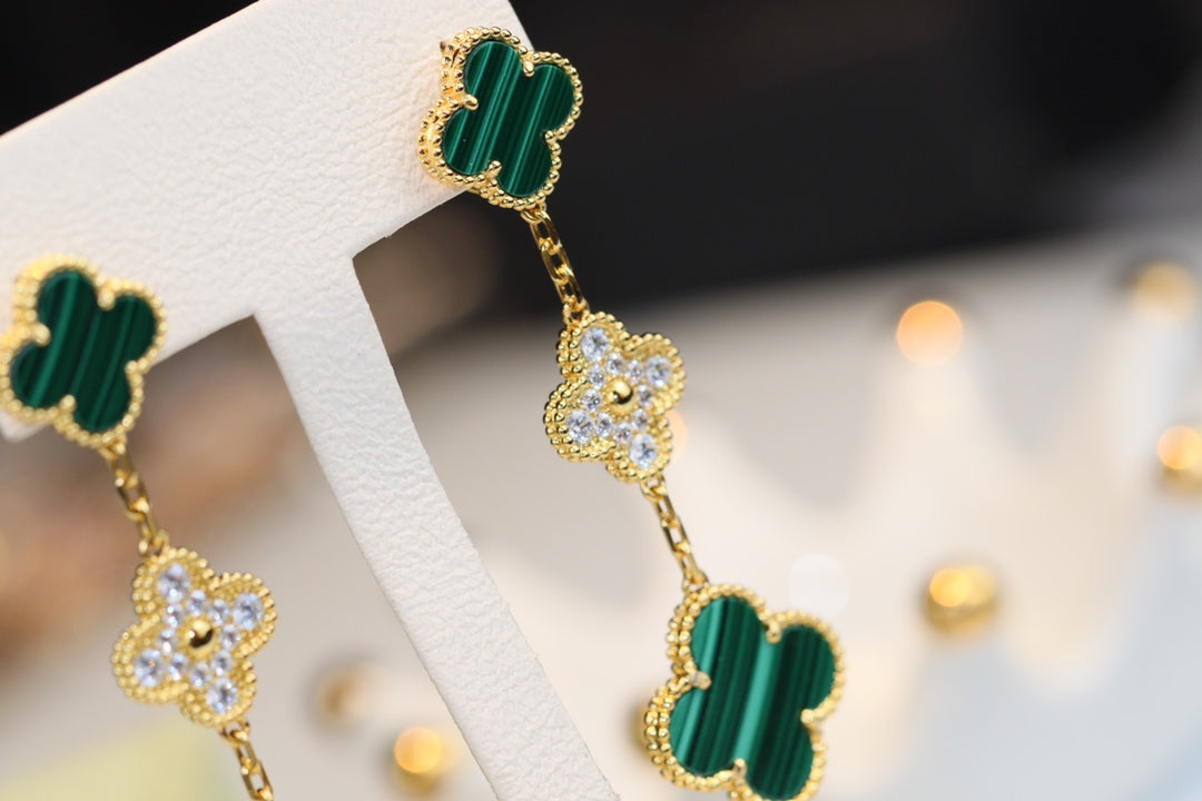[Vicky]CLOVER EARRINGS GOLD MALACHITE DIAMOND 3 MOTIF
