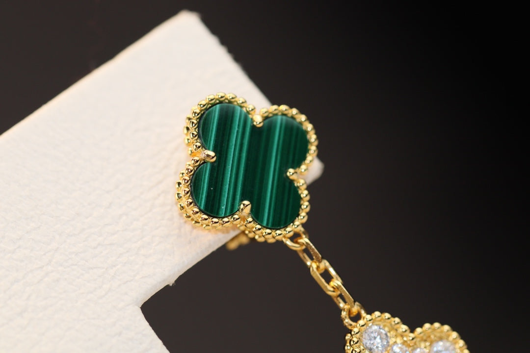 [Vicky]CLOVER EARRINGS GOLD MALACHITE DIAMOND 3 MOTIF