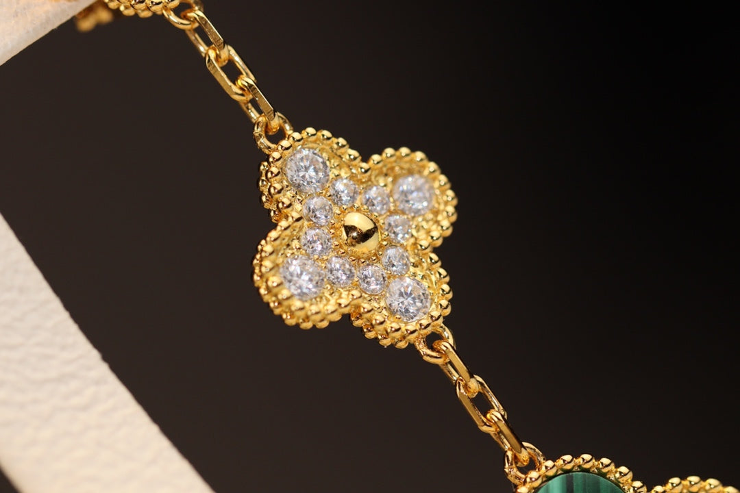 [Vicky]CLOVER EARRINGS GOLD MALACHITE DIAMOND 3 MOTIF