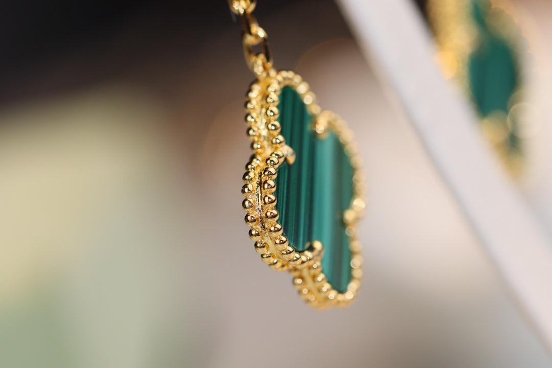 [Vicky]CLOVER EARRINGS GOLD MALACHITE DIAMOND 3 MOTIF