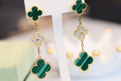 [Vicky]CLOVER EARRINGS GOLD MALACHITE DIAMOND 3 MOTIF