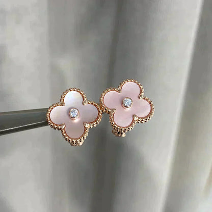 [Vicky]CLOVER MEDIUM 1 MOTIFS  PINK MOP DIAMOND EARRINGS