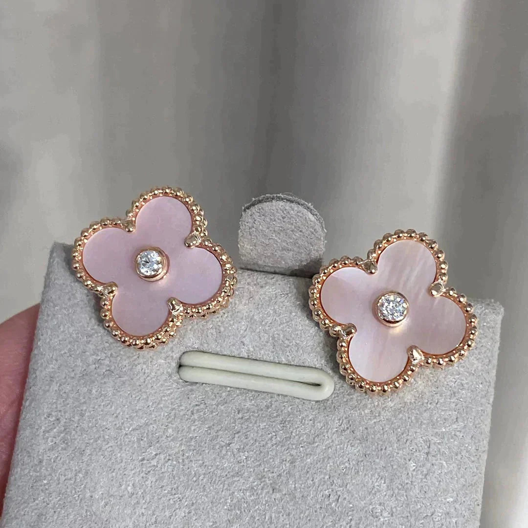 [Vicky]CLOVER MEDIUM 1 MOTIFS  PINK MOP DIAMOND EARRINGS