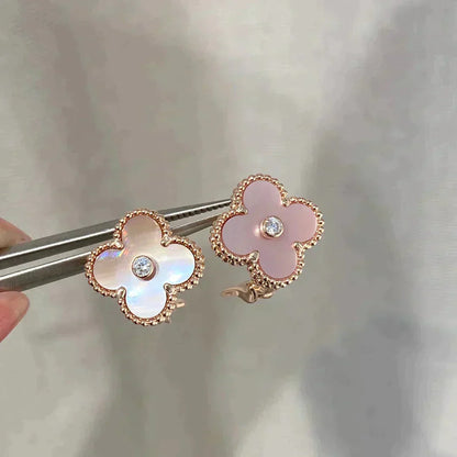 [Vicky]CLOVER MEDIUM 1 MOTIFS  PINK MOP DIAMOND EARRINGS