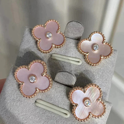 [Vicky]CLOVER MEDIUM 1 MOTIFS  PINK MOP DIAMOND EARRINGS