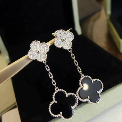 [Vicky]CLOVER 2 MOTIFS  DIAMOND ONYX EARRINGS SILVER