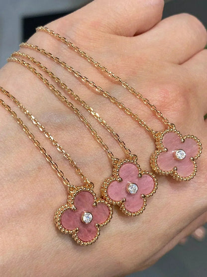 [Vicky]CLOVER 15MM DIAMOND RHODONITE NECKLACE