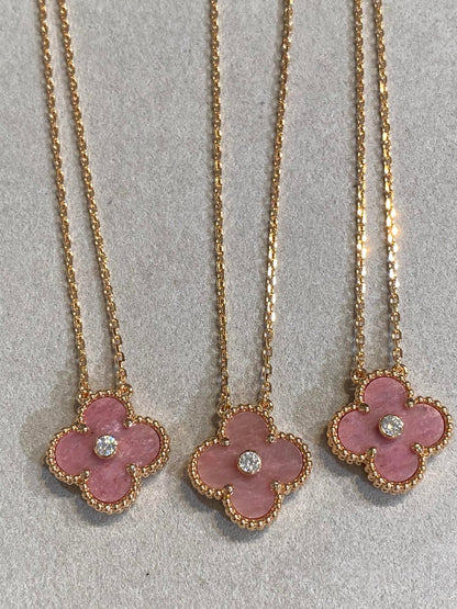 [Vicky]CLOVER 15MM DIAMOND RHODONITE NECKLACE