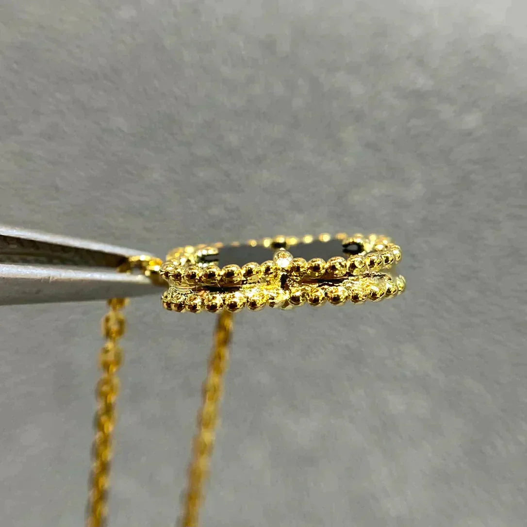 [Vicky]CLOVER 15MM BLACK ONYX SINGLE FLOWER NECKLACE