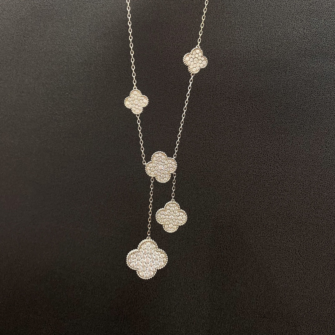 [Vicky]CLOVER 5 MOTIFS SILVER DIAMONDS NECKLACE