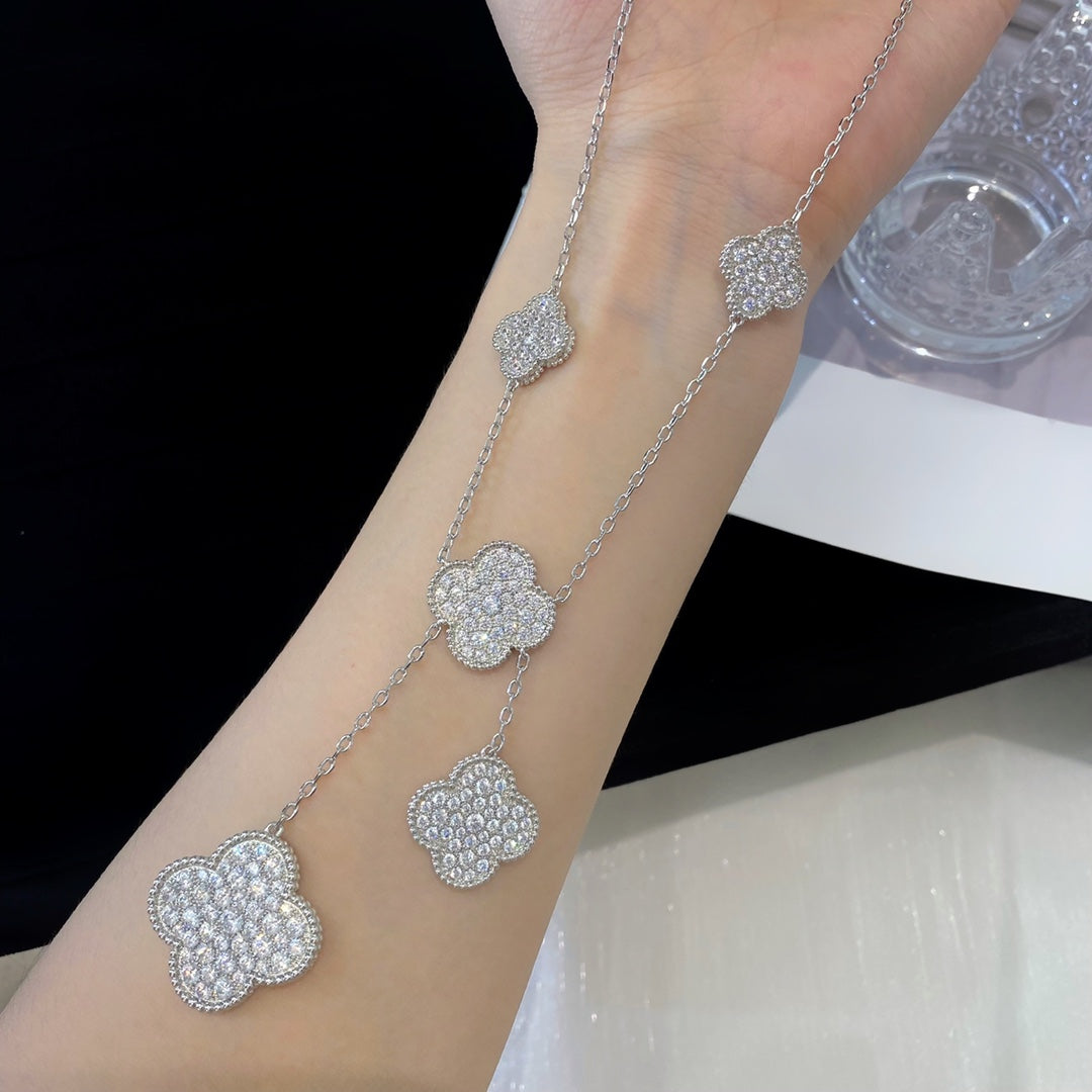 [Vicky]CLOVER 5 MOTIFS SILVER DIAMONDS NECKLACE