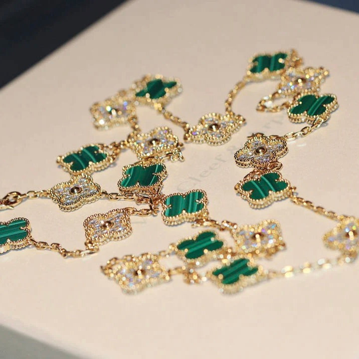 [Vicky]CLOVER 20 MOTIFS MALACHITE DIAMOND NECKLACE