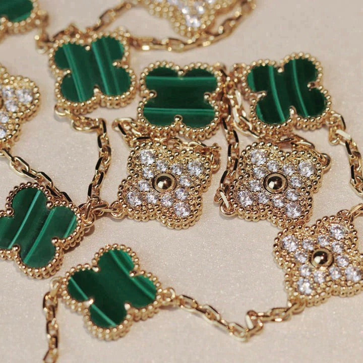 [Vicky]CLOVER 20 MOTIFS MALACHITE DIAMOND NECKLACE