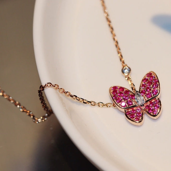 [Vicky]BUTTERFLY RED DIAMOND ROSE GOLD NECKLACE
