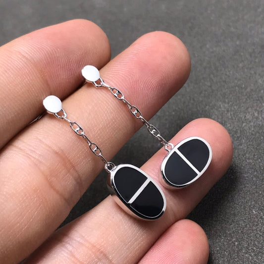 [Vicky]CHAINE VERSO BLACK CERAMIC SILVER EARRINGS