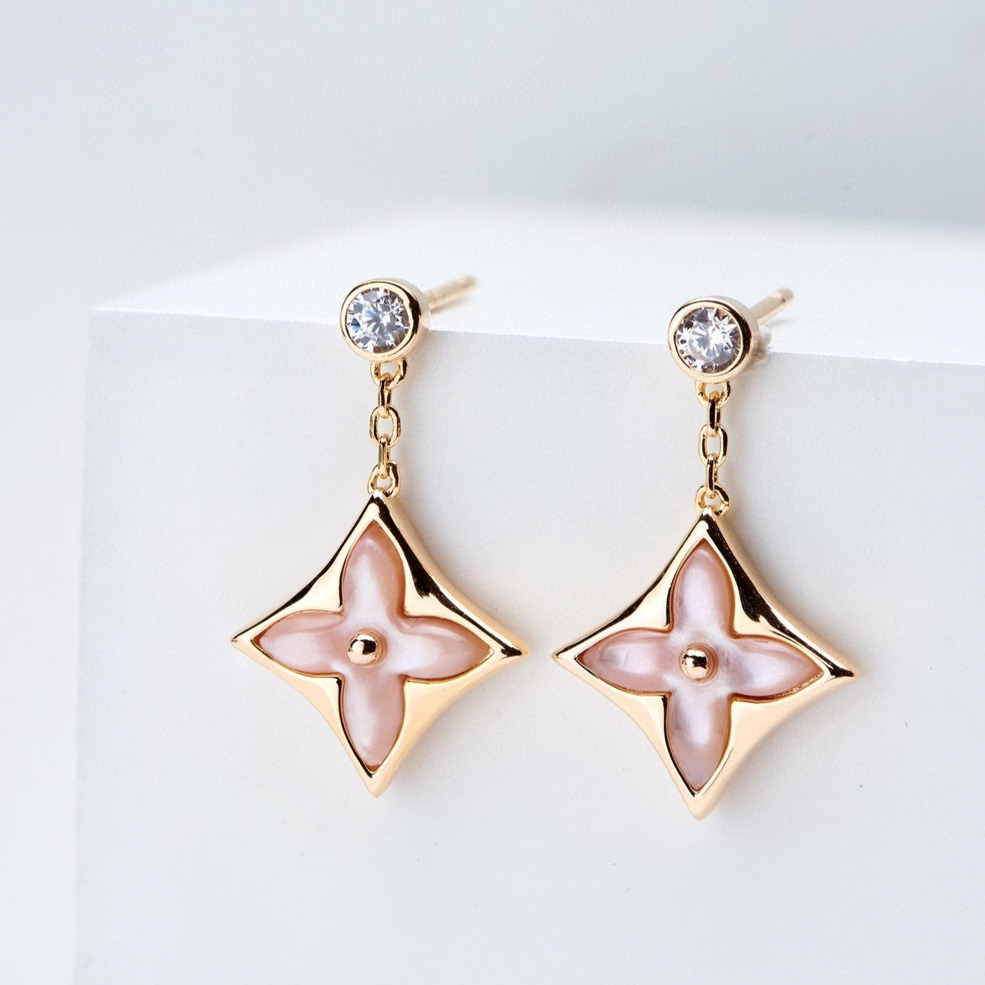 [Vicky]DOUBLE STAR PINK GOLD MOP DROP EARRINGS
