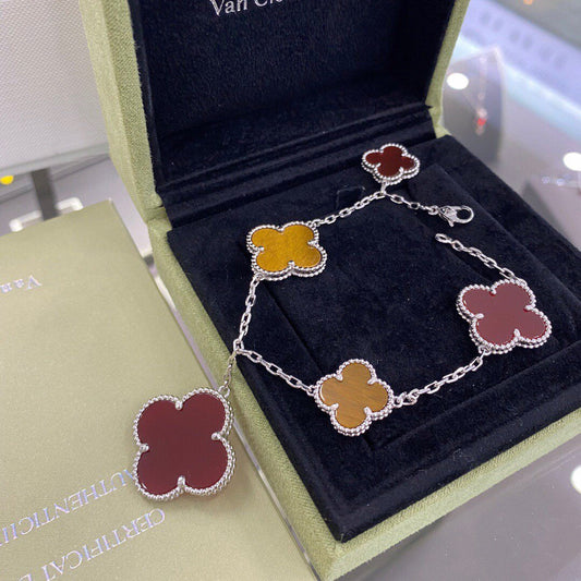 [Vicky]CLOVER 5 MOTIFS SIVLER CARNELIAN TIGER EYE BRACELET