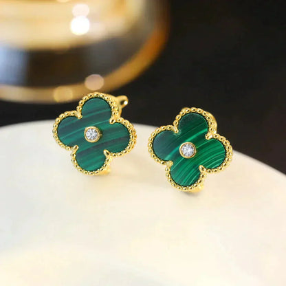[Vicky]CLOVER MEDIUM 1 MOTIFS MALACHITE DIAMOND EARRINGS