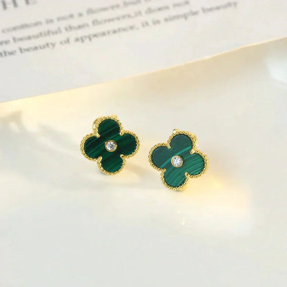 [Vicky]CLOVER MEDIUM 1 MOTIFS MALACHITE DIAMOND EARRINGS
