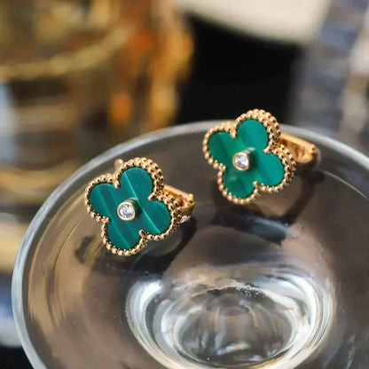 [Vicky]CLOVER MEDIUM 1 MOTIFS MALACHITE DIAMOND EARRINGS