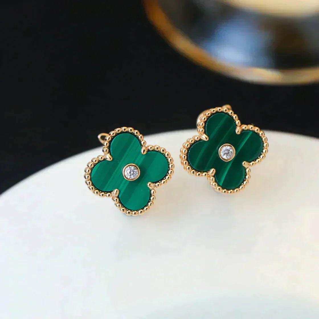 [Vicky]CLOVER MEDIUM 1 MOTIFS MALACHITE DIAMOND EARRINGS