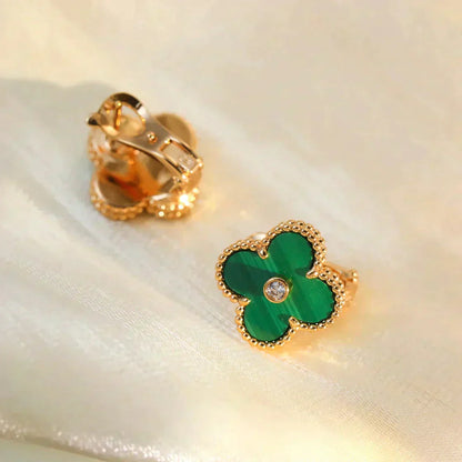 [Vicky]CLOVER MEDIUM 1 MOTIFS MALACHITE DIAMOND EARRINGS