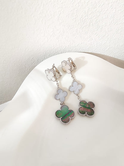 [Vicky]CLOVER 3 MOTIFS CHALCEDONY DARK MOP SILVER EARRINGS