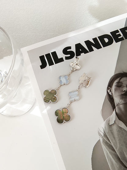 [Vicky]CLOVER 3 MOTIFS CHALCEDONY DARK MOP SILVER EARRINGS