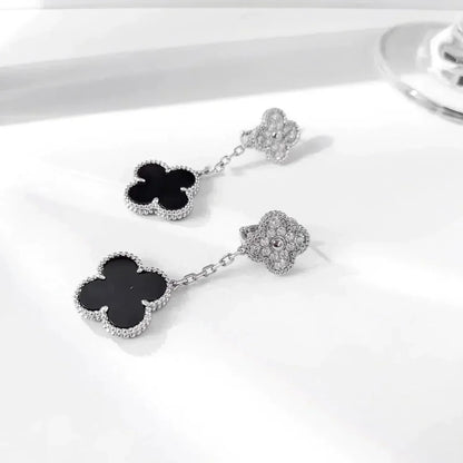 [Vicky]CLOVER 2 MOTIFS  DIAMOND ONYX EARRINGS SILVER