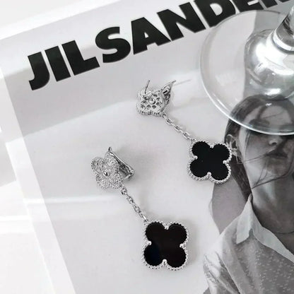 [Vicky]CLOVER 2 MOTIFS  DIAMOND ONYX EARRINGS SILVER