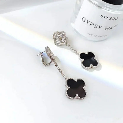 [Vicky]CLOVER 2 MOTIFS  DIAMOND ONYX EARRINGS SILVER