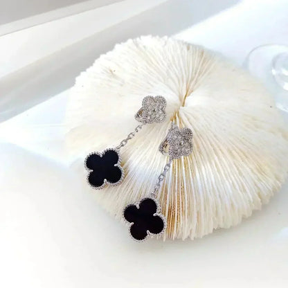 [Vicky]CLOVER 2 MOTIFS  DIAMOND ONYX EARRINGS SILVER