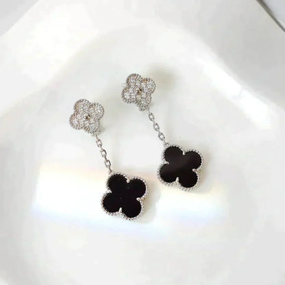 [Vicky]CLOVER 2 MOTIFS  DIAMOND ONYX EARRINGS SILVER