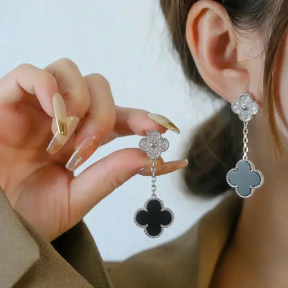 [Vicky]CLOVER 2 MOTIFS  DIAMOND ONYX EARRINGS SILVER