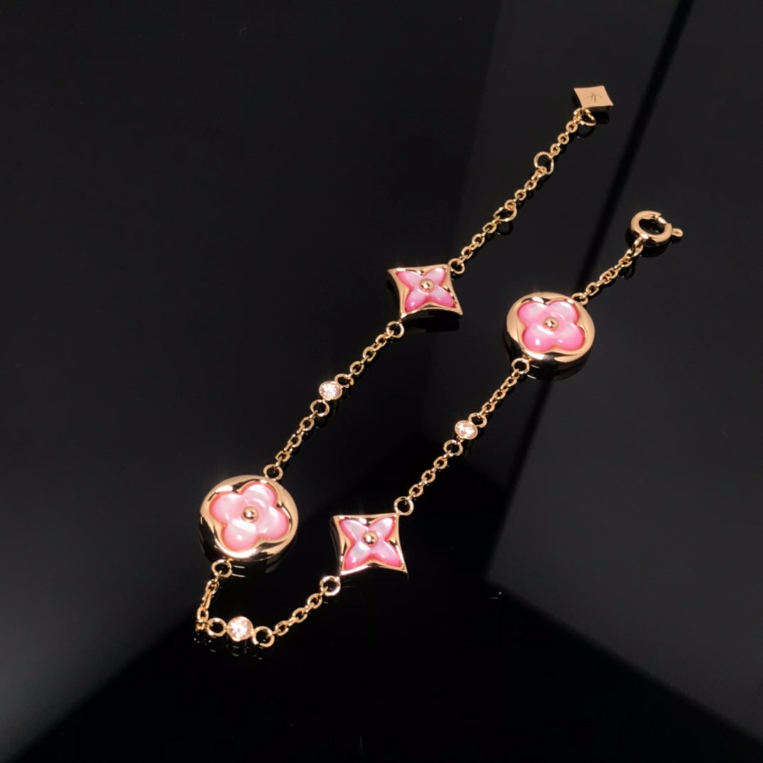 [Vicky]STAR AND SUN 4 MOTIF PINK MOP PINK GOLD BRACELET