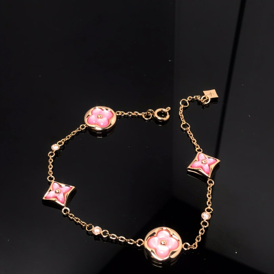 [Vicky]STAR AND SUN 4 MOTIF PINK MOP PINK GOLD BRACELET