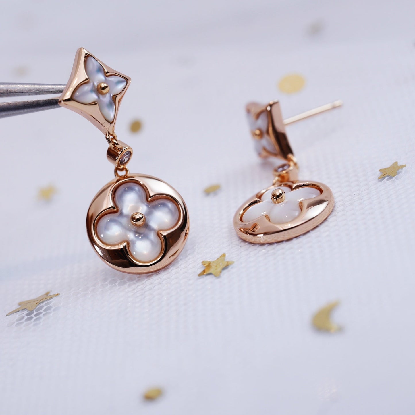 [Vicky]STAR AND SUN PINK GOLD MOP DROP EARRINGS
