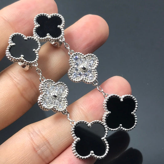 [Vicky]CLOVER 3 MOTIF DIAMOND ONYX SILVER EARRINGS