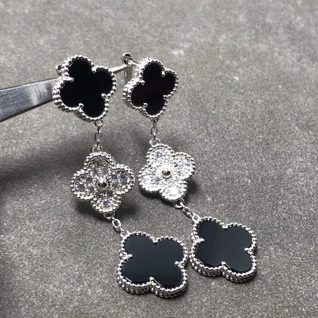 [Vicky]CLOVER 3 MOTIF DIAMOND ONYX SILVER EARRINGS