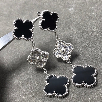 [Vicky]CLOVER 3 MOTIF DIAMOND ONYX SILVER EARRINGS