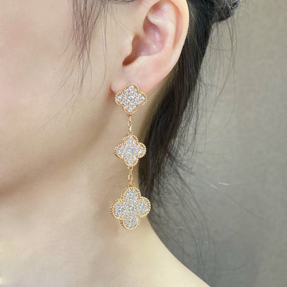 [Vicky]CLOVER 3 MOTIFS DIAMOND PAVED ROSE GOLD EARRINGS