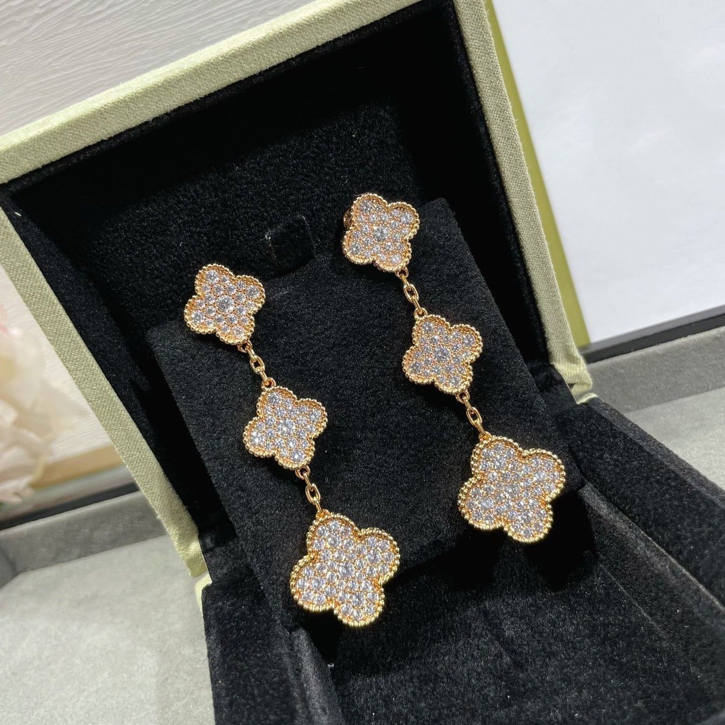 [Vicky]CLOVER 3 MOTIFS DIAMOND PAVED ROSE GOLD EARRINGS