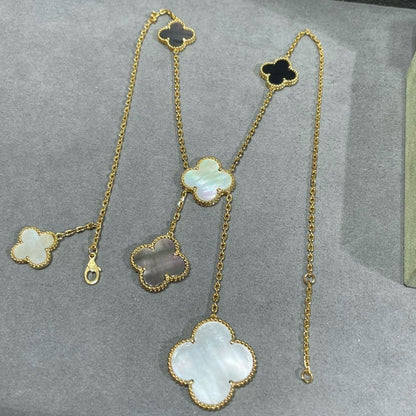 [Vicky]CLOVER 6 MOTIF MOP ONYX GOLD NECKLACE