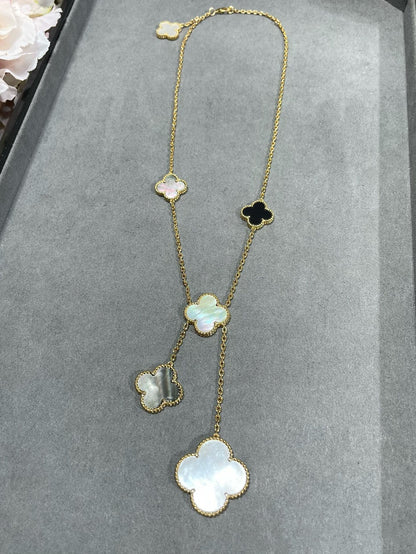[Vicky]CLOVER 6 MOTIF MOP ONYX GOLD NECKLACE