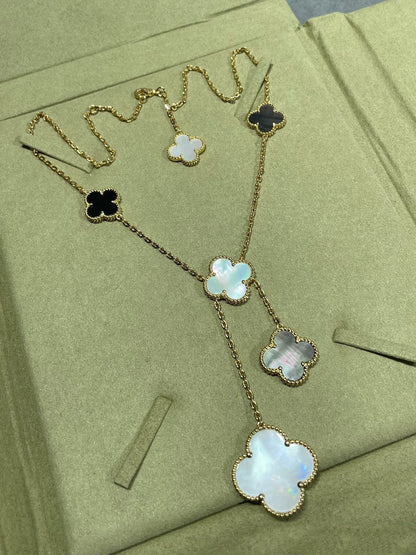 [Vicky]CLOVER 6 MOTIF MOP ONYX GOLD NECKLACE