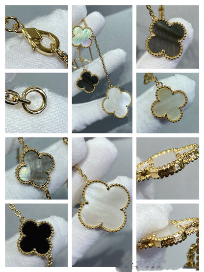 [Vicky]CLOVER 6 MOTIF MOP ONYX GOLD NECKLACE