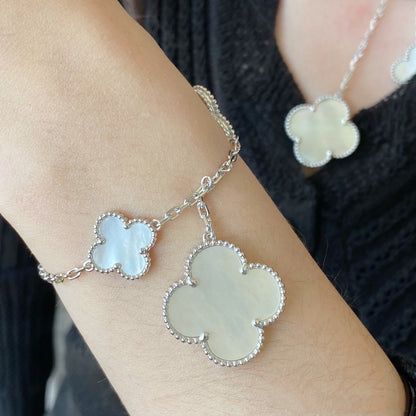 [Vicky]CLOVER 5 MOTIF WHITE MOP SILVER BRACELET